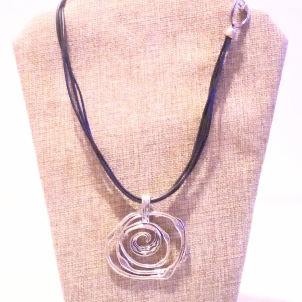 Premier Designs Silver Tone Swirl Circle Pendant Necklace Black Cord Necklace - Picture 2 of 5